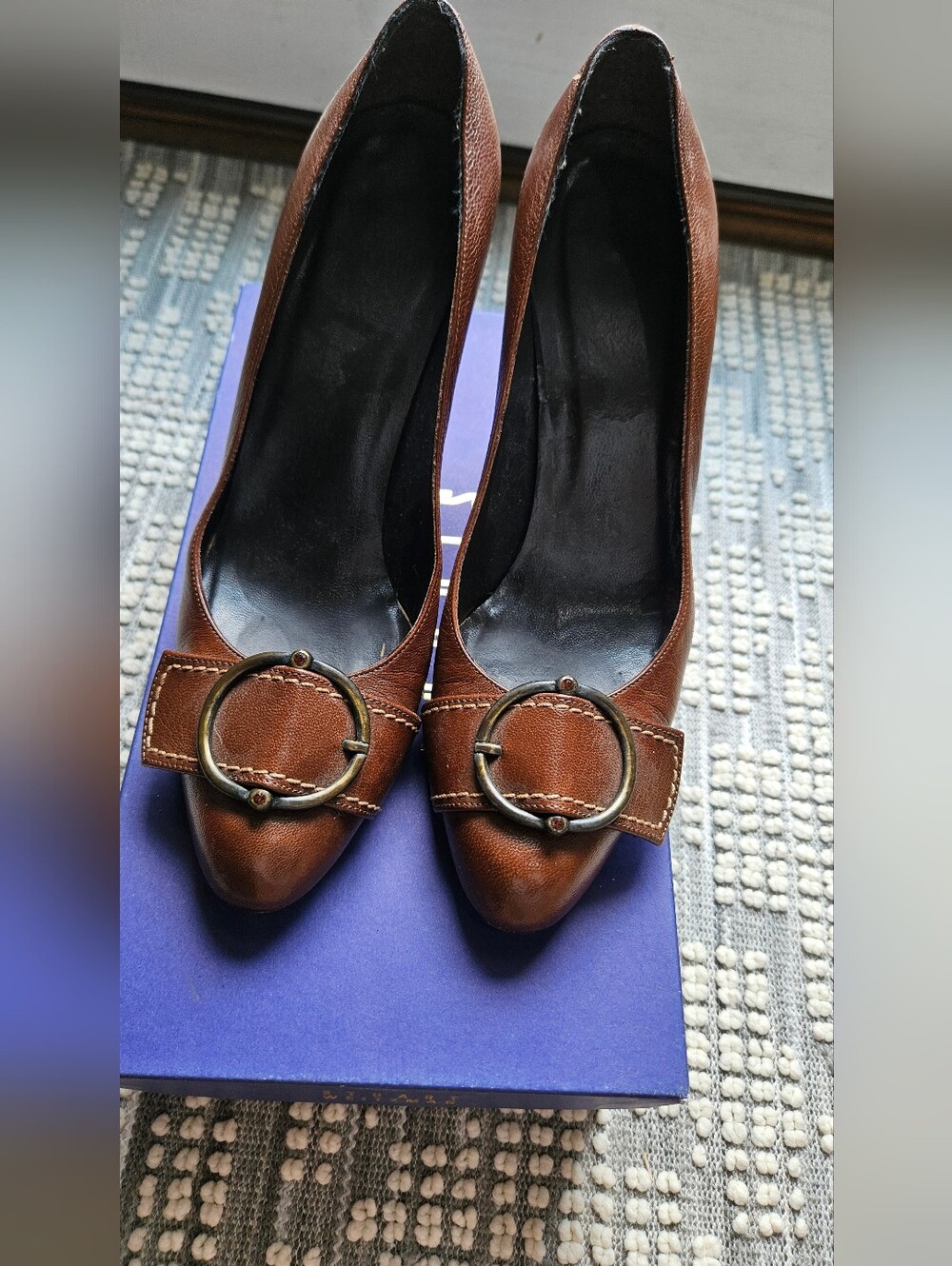 Stuart Weitzman Brown Leather Pointed Toe Pump with Gold Buckle